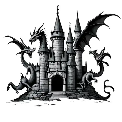 Castle with 3 small dragons flying tattoo design idea