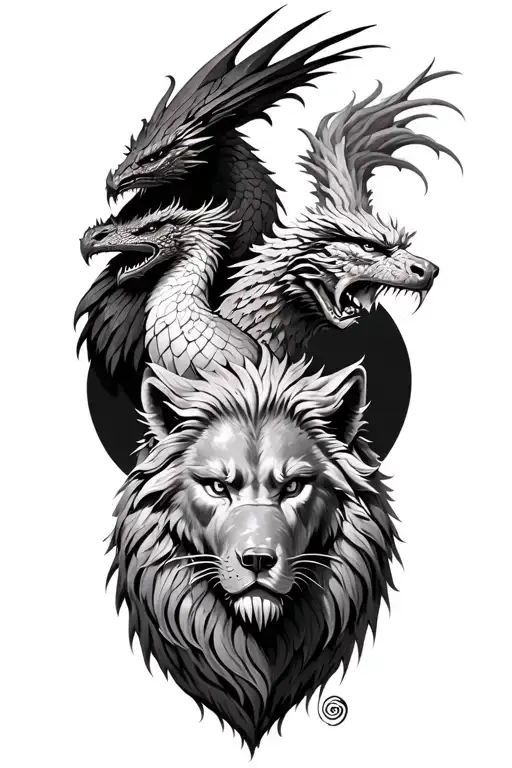 fawkes the phoenix, Smaug the dragon, Aslan the lion, ghost the direwolf tattoo design idea