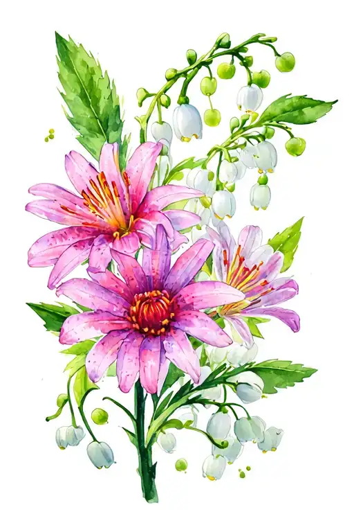 aster flower, lily of the valley flower, and hawthorn flower  tattoo design idea