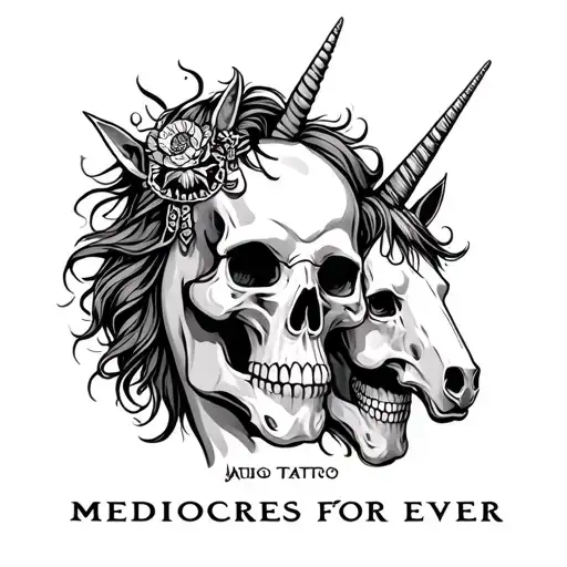 "Mediocres for ever" skull and unicorns tattoo design idea