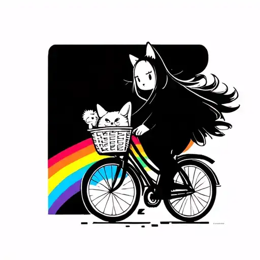 Kaonashi from spirited away riding a bike with a basket, put a kitty inside the basket and add a rainbow behind kaonashi tattoo design idea