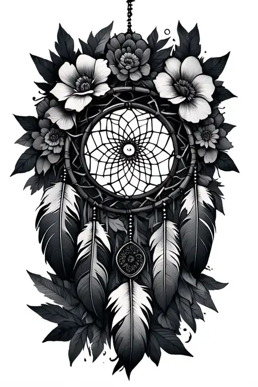 nightmare dream catcher with feathers and flowers and thorns intertwined tattoo design idea