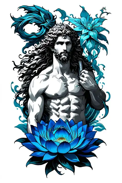 poseidon the greek god with blue lotus in one tattoo aggressive and wild tattoo design idea