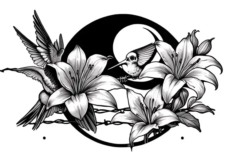 lilies growing off barbed wire with a humming bird, half moon and a skeleton tattoo design idea