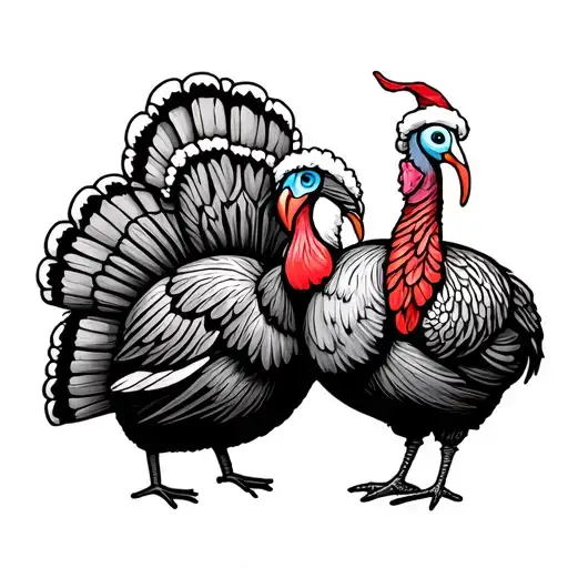 stick figure turkey and Santa one arm hug each other tattoo design idea