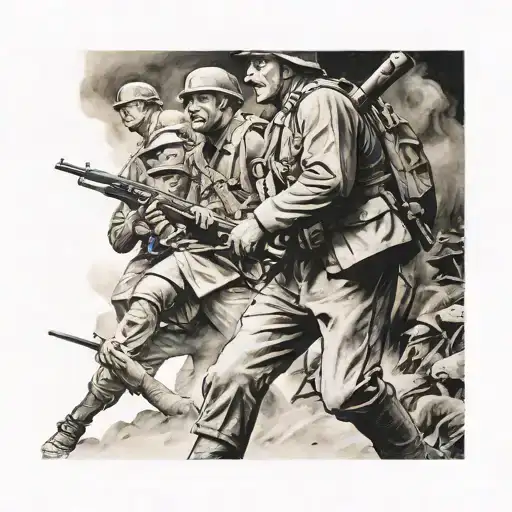 Ww1 half sleeve tattoo with Australian lighthorse man and soldiers fighting in trench tattoo design idea
