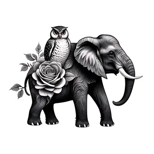 elephant with rose and owl tattoo design idea