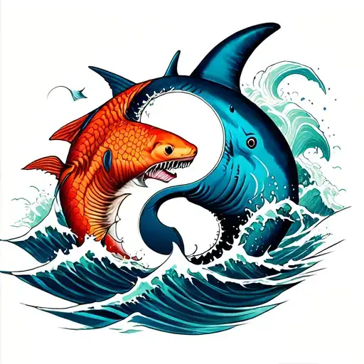 realistic great white shark and pisces, ying yang symbol mixed into one with waves crashing around the symbol tattoo design idea