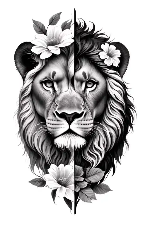 split face half male lion and half female lion with flowers tattoo design idea