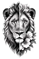 split face half male lion and half female lion with flowers tattoo design idea