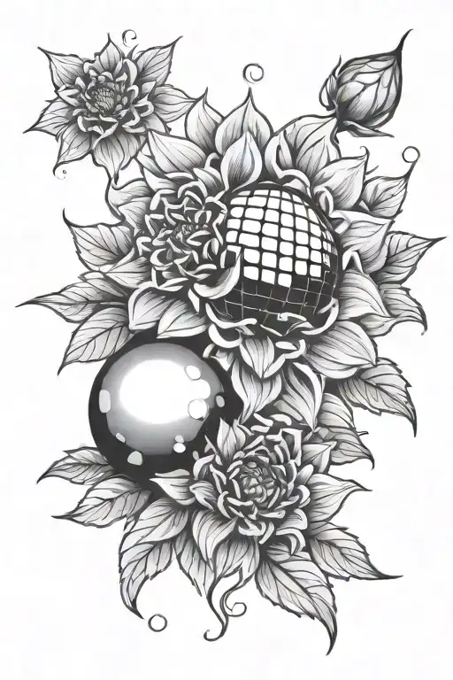 discoball surrounded by dahlia flowers tattoo design idea