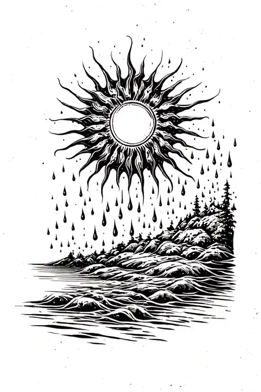 a sun melting into rain drops tattoo design idea