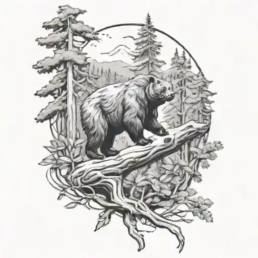 bear and falcon forest tattoo design idea