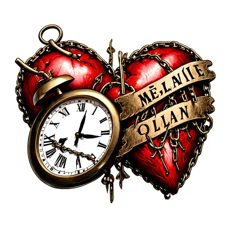 "Mélanie" clock heart chains tattoo design idea
