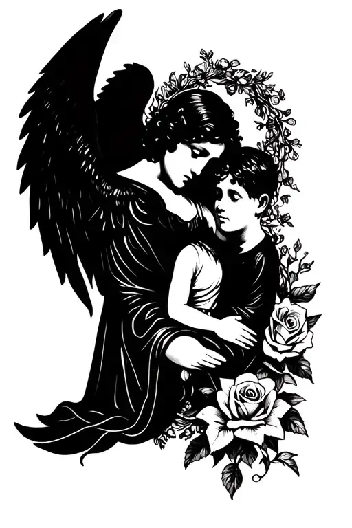 Blackwork tattoo art, a beautiful angel cradling a small boy, ornate floral wreath surrounding them, roses and lilies tattoo design idea