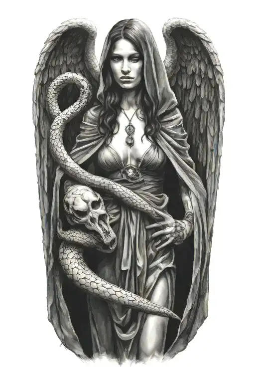 lilith standing in a cloak holding a snake tattoo design idea