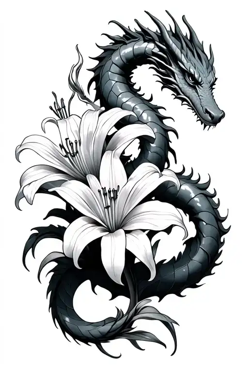 small fine line dragon wraped around a spider lily flower tattoo design idea