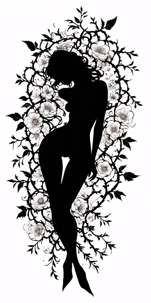 sensual woman full body silhouette intertwined with vines and flowers loosely  tattoo design idea