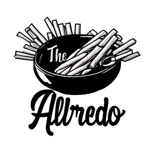 The name Alfredo hidden in a small girly design in a stright line with one piece of pasta tattoo design idea