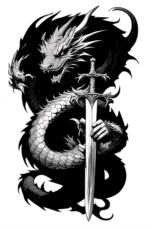 dragon wrapped around man holding sword tattoo design idea