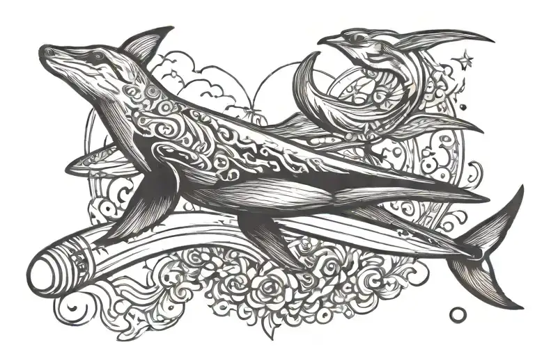 surfboard,  skydiving, kangaroo, stargazing,, dolphines tattoo design idea