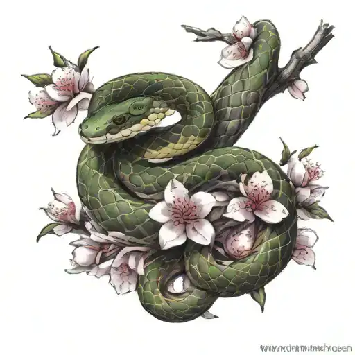 snake with cherry blossoms tattoo design idea