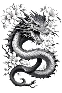 Tattoo with a dragon and a snake with Japanese -style cherry flowers covering the entire arm and forearm tattoo design idea
