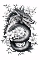 Tattoo with a dragon and a snake with Japanese -style cherry flowers covering the entire arm and forearm tattoo design idea