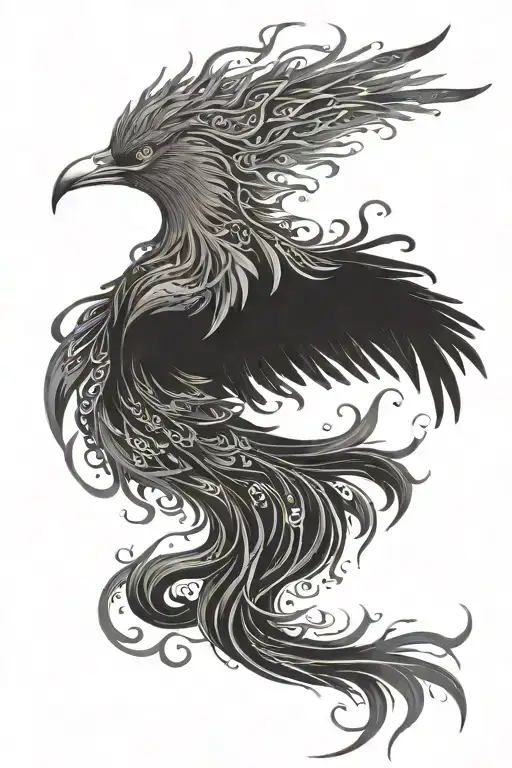 A reborn phoenix, its wings merging into patterns of galaxies and stars. The base of the phoenix can be a tree or roots tattoo design idea