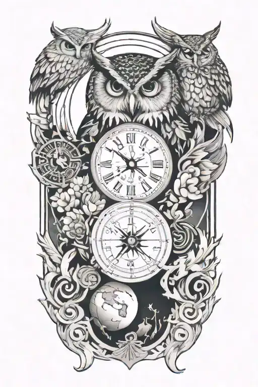 earth, moon, compass, time, owl, phoenix tattoo design idea