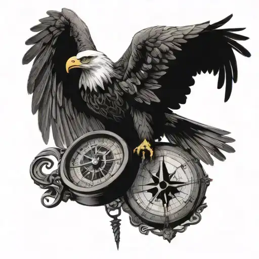 An intricate design of an eagle perched on a compass, symbolizing guidance and direction in life's journey tattoo design idea
