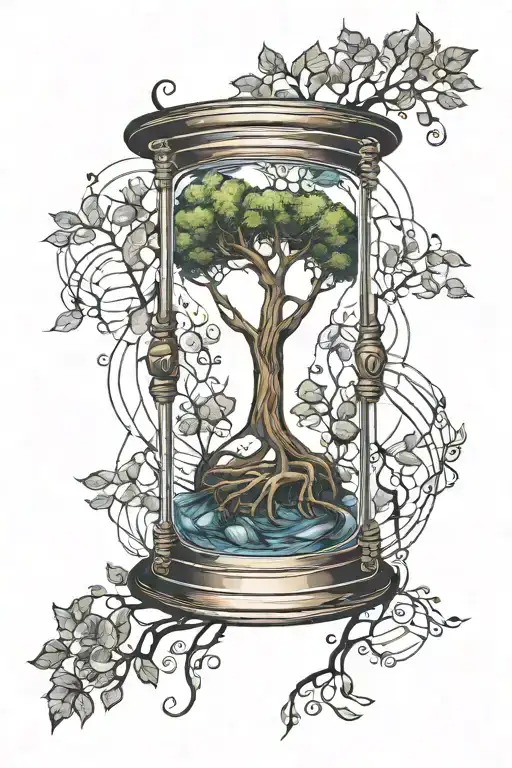 glass hourglass with a tree of life inside, fine lineswith geometric shapes around tattoo design idea