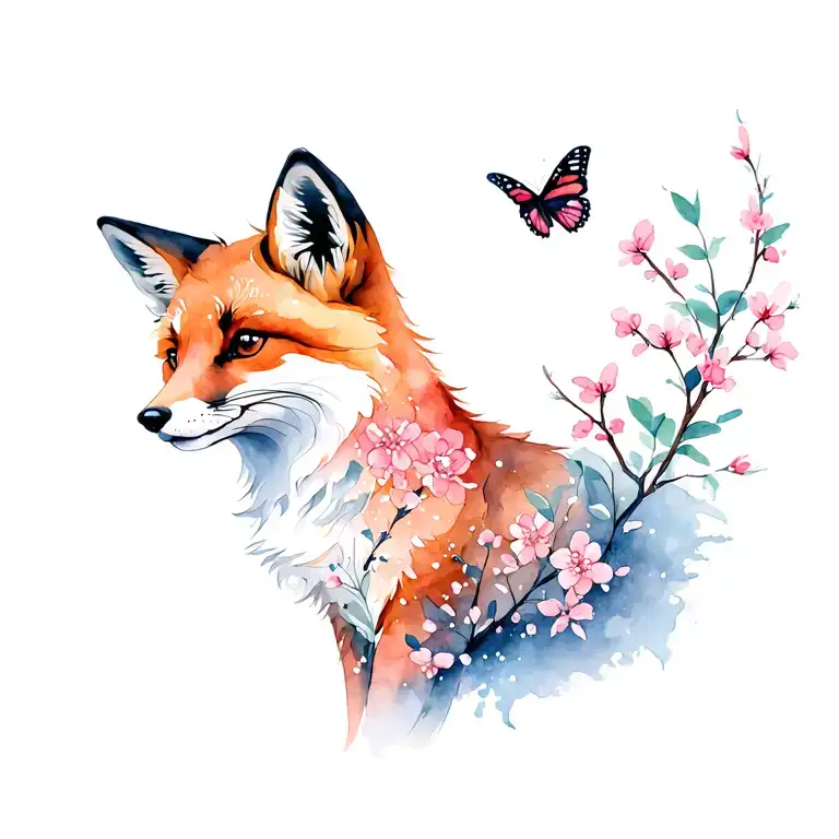 fox with cherry blossoms and butterflies  tattoo design idea
