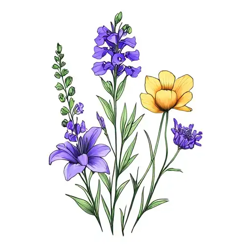 Fine line bouquet of these flowers: Delphinium, Violet, Lily, Poppy, Daffodil tattoo design idea