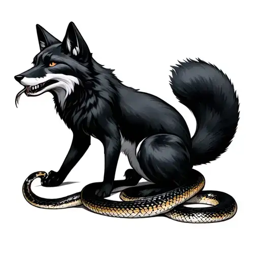 black fox eating a snake tattoo design idea