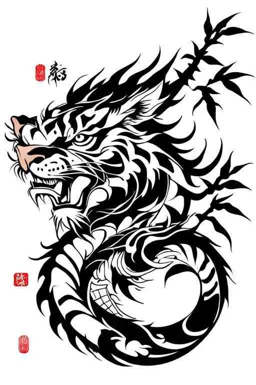 a dragon, tiger, bamboo, and other traditional Japanese and Chinese elements. tattoo design idea
