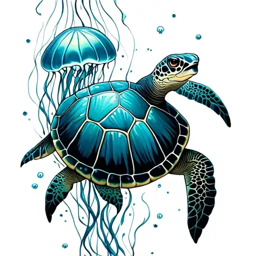 Underwater scene with sea turtle and jelly fish tattoo design idea