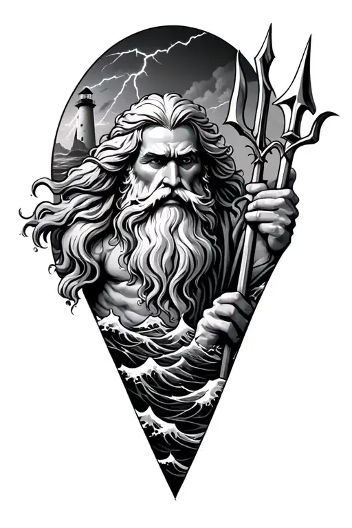 Old, wise Poseidon with flowing hair and beard, holding a trident. Stormy sea with crashing waves, lighthouse, lightning tattoo design idea