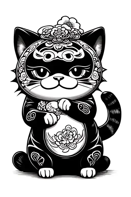 gato maneki neko hugging daruma tattoo design idea