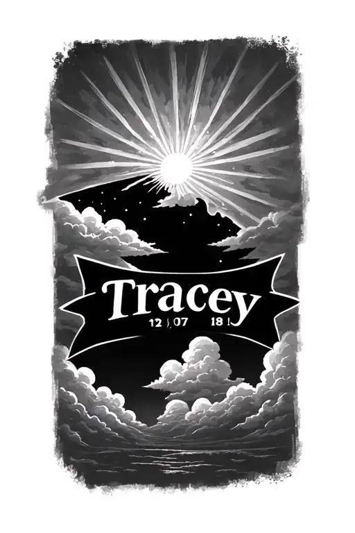 Clouds in the background with beams with the name Tracey in the  with a banner with the date 12,18,07 in Roman numerals  tattoo design idea