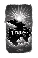 Clouds in the background with beams with the name Tracey in the  with a banner with the date 12,18,07 in Roman numerals  tattoo design idea