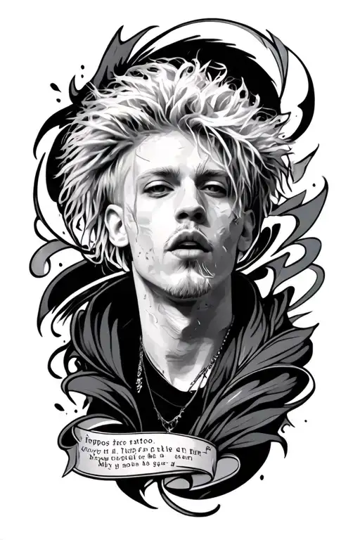 mgk themed tattoos with simple lines, and lyrics from the song orpeus swirling around tattoo design idea