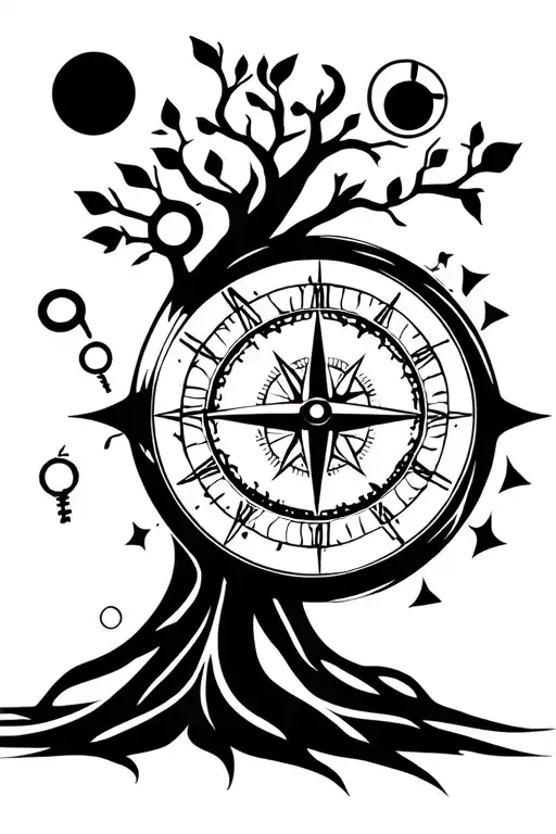 clock compass eye key tree planet son tattoo design idea