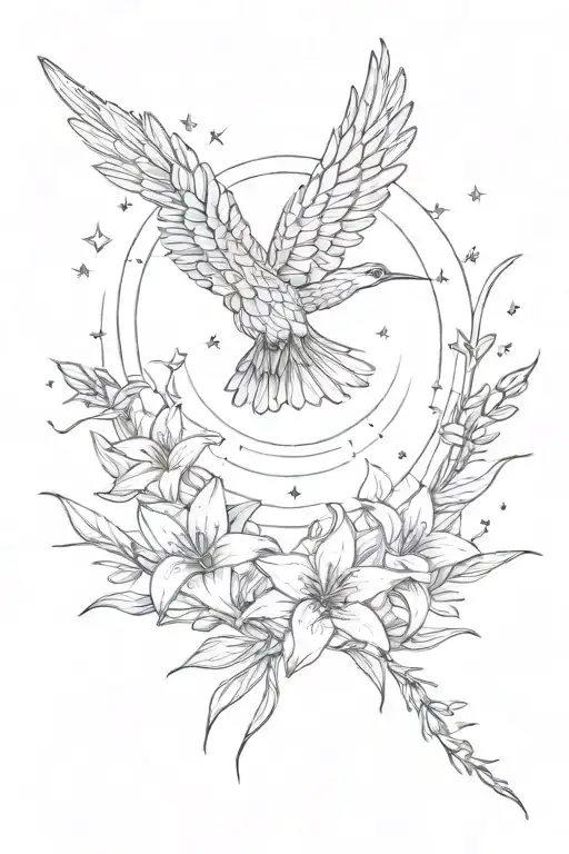 a phœnix in the center, à shooting star above, a sun on the rugit and a st bernabs lily flower on the left tattoo design idea