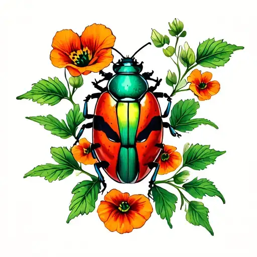 Multiple nasturtiums and a Christmas Beetle at the front, as the focal point.  tattoo design idea