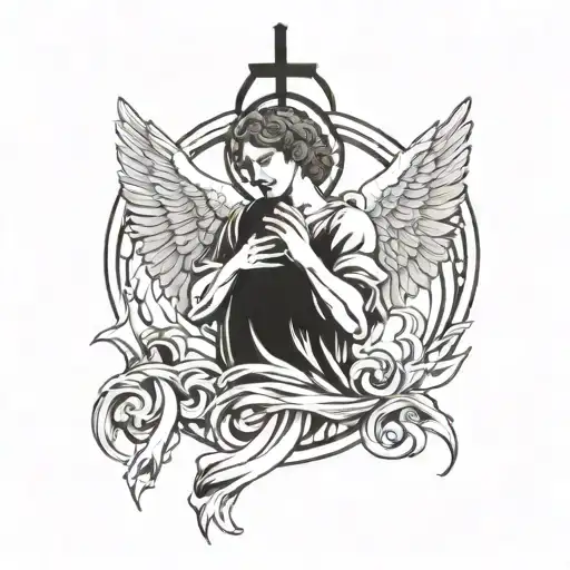 angel with wings holding a cross above his head tattoo holding tattoo design idea