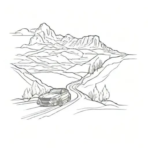 Serene mountain landscape reminiscent of Seattle, with winding road leading into the distance. A 2016 BMW F30 series car tattoo design idea