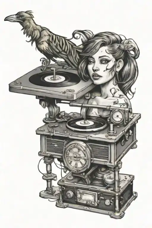 Combine a portrait of Jinx from Arcane with a realistic depiction of a vintage vinyl record player tattoo design idea