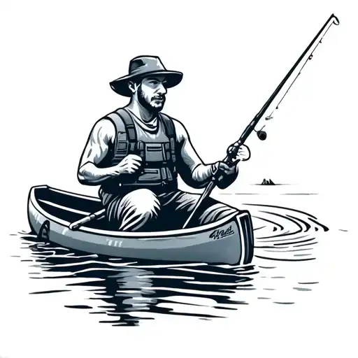 trout fish character, going fishing, he's holing a fishing rod, wearing a hat in a kayak tattoo design idea