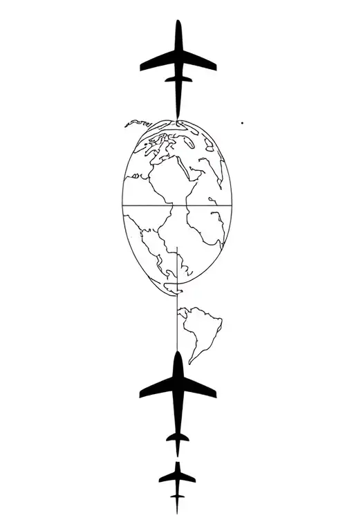 Minimalist fine line tattoo sleeve design for forearm, vertical composition. At the center include a world map, airplane tattoo design idea